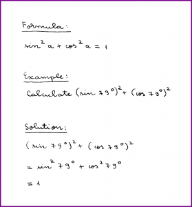 sin^2 a + cos^2 a (formula and example) (trigonometry) (handwritten)